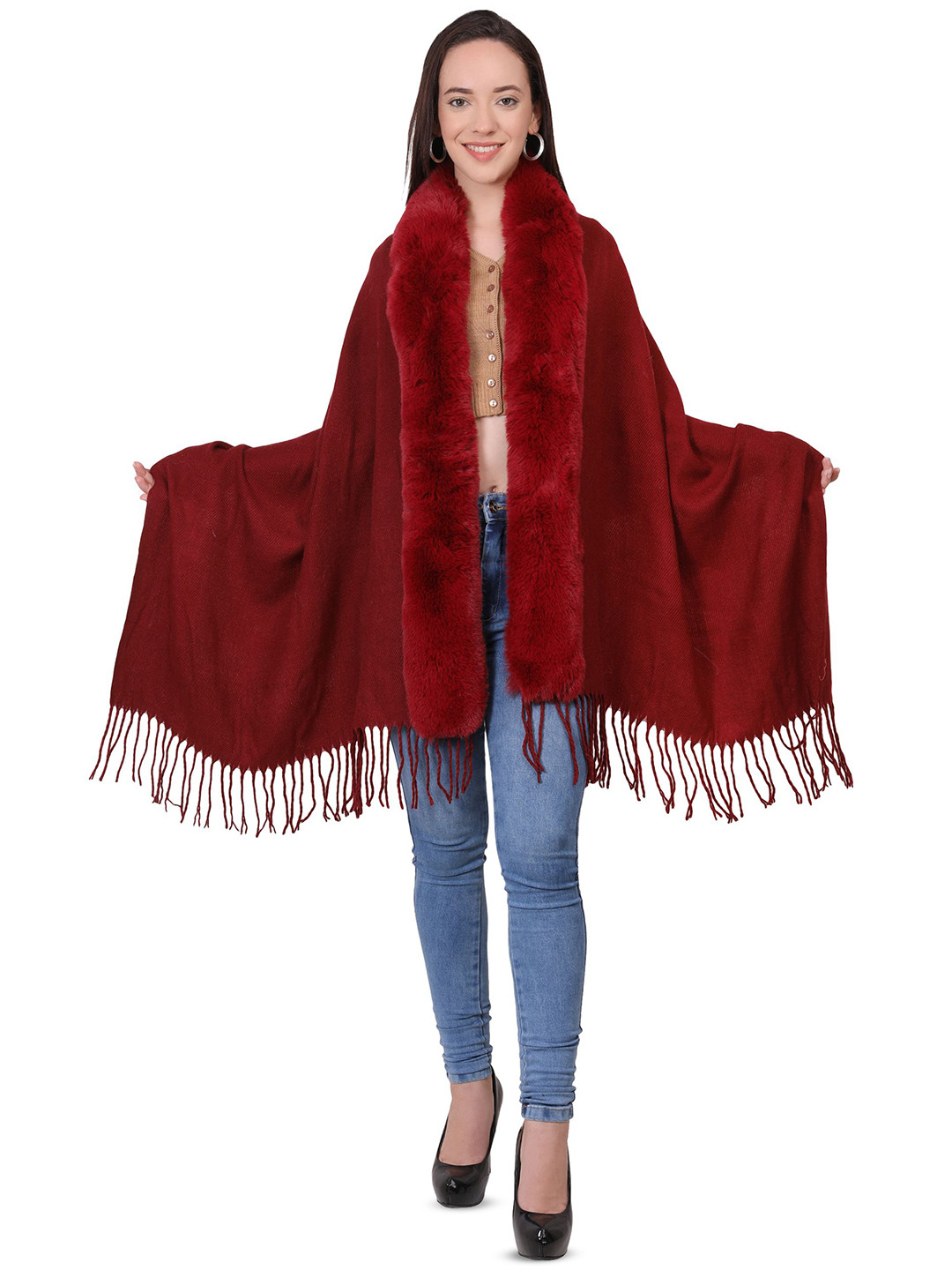 Manra Women Woolen Faux Fur Party Winter Stole