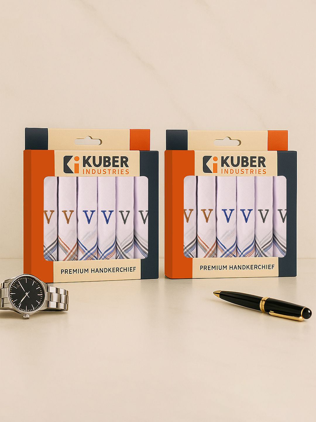 Kuber Industries 12Pcs Monogram Letter V Embroidery Border Pure Cotton Handkerchiefs
