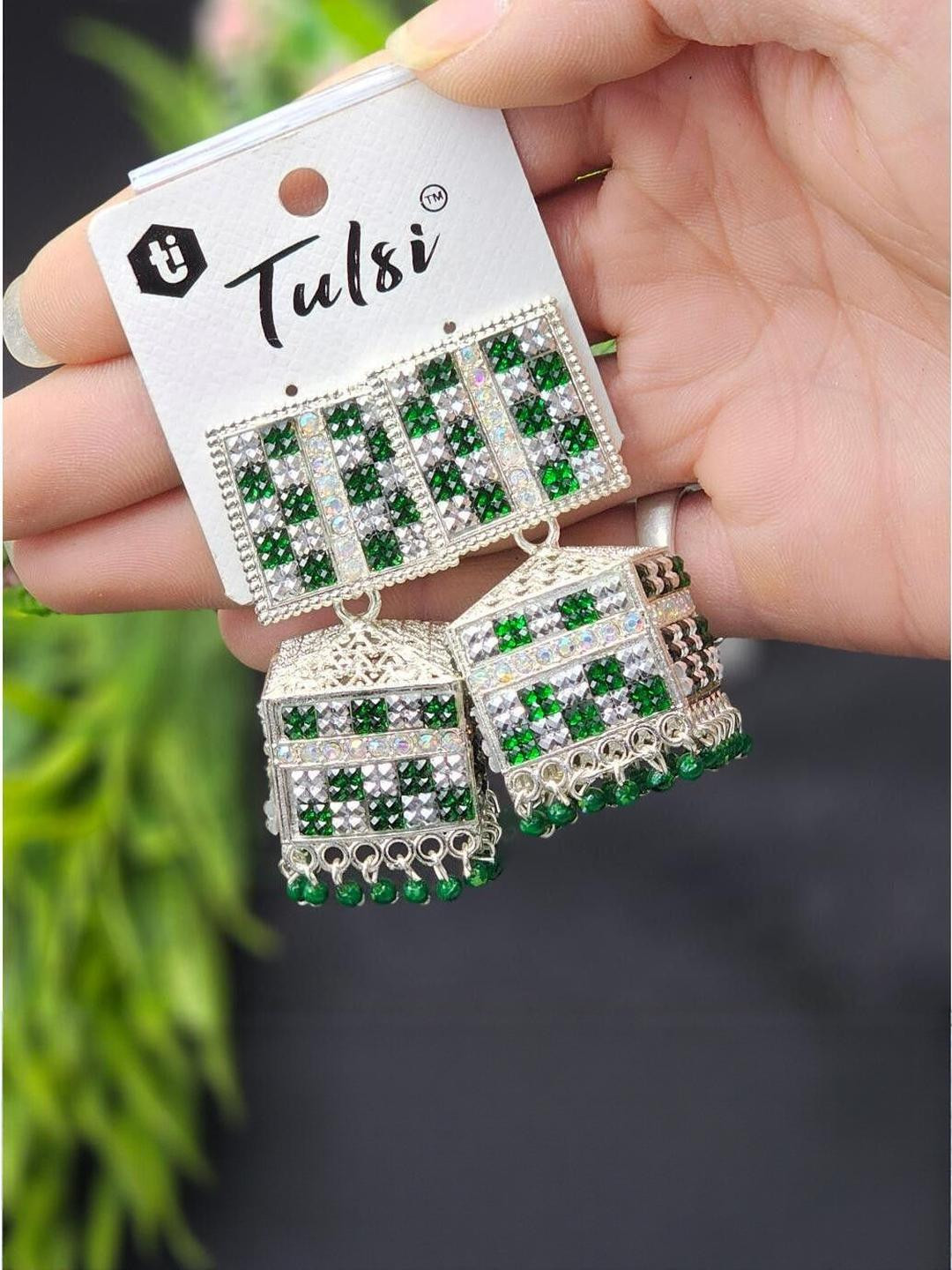 tulsi imitation Artificial Stones Studded and Beads Beaded Dome Shaped Jhumkas