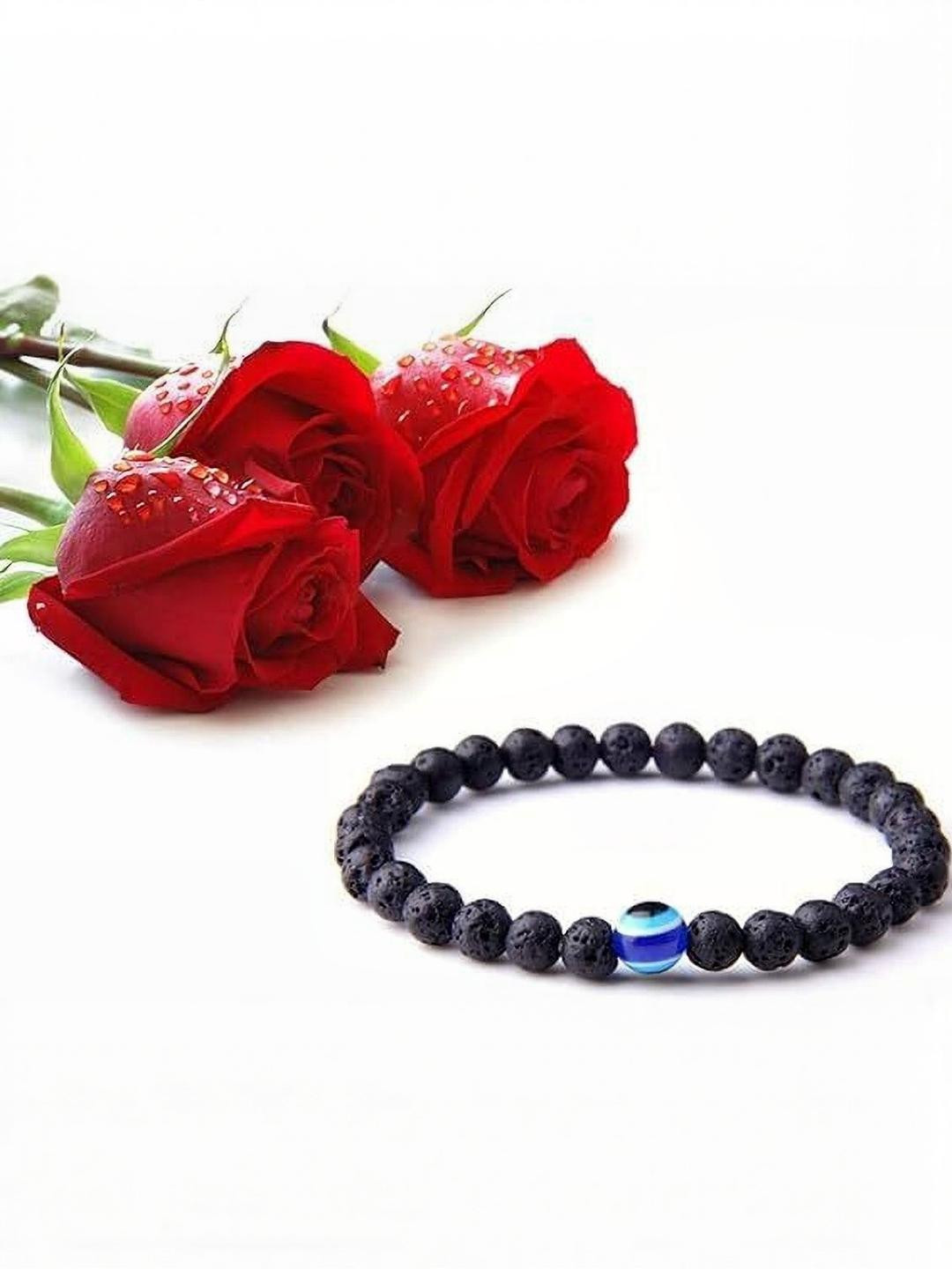 HEALINGGEMS Unisex Natural Black Lava with Evil Eye Bracelet