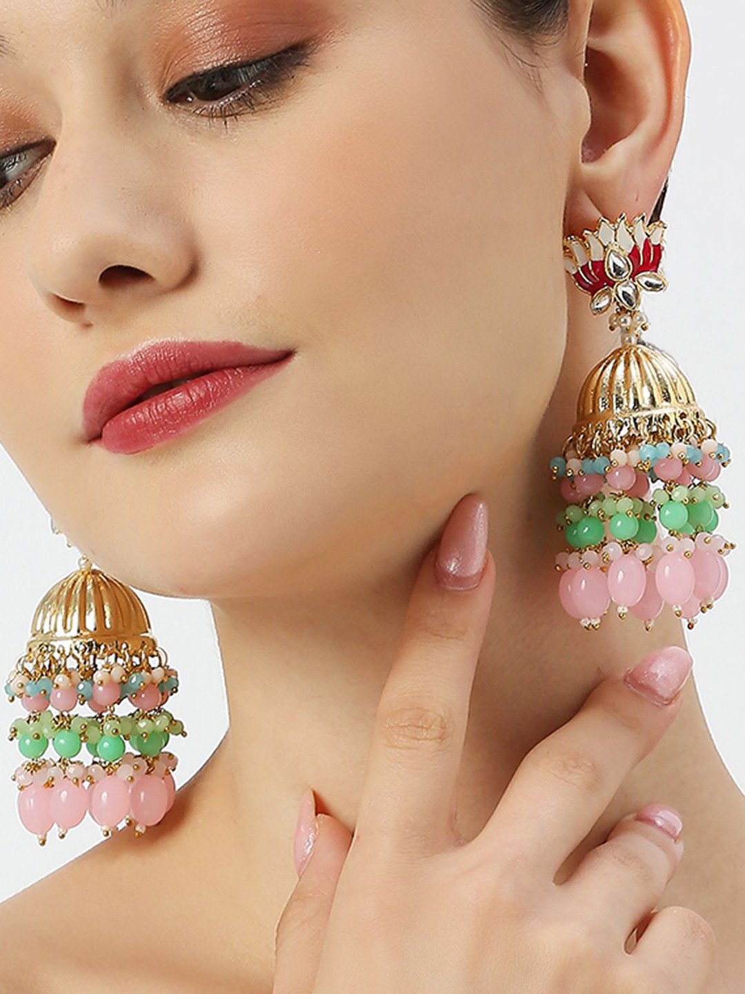 Anouk Kundan Studded & Beads Beaded Meenakari Jadau Dome Shaped Jhumkas