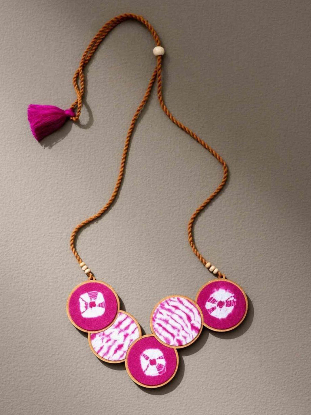 WHE Women Tie and Dye Connected Circle Upcycled Fabric and Repurposed Wood Necklace