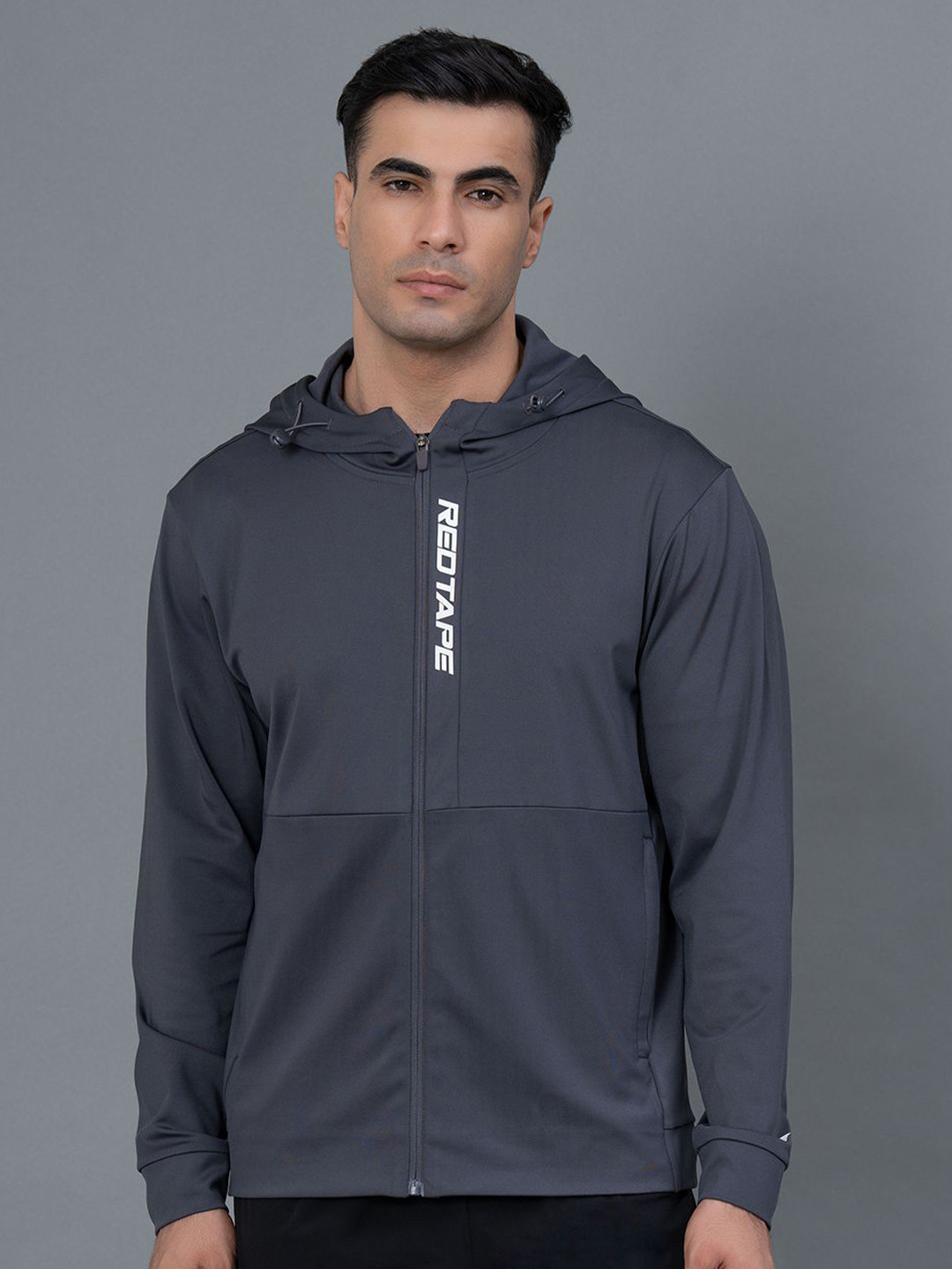 Red Tape aw-24 Men Typography Printed Hooded Front-Open Sports Sweatshirt