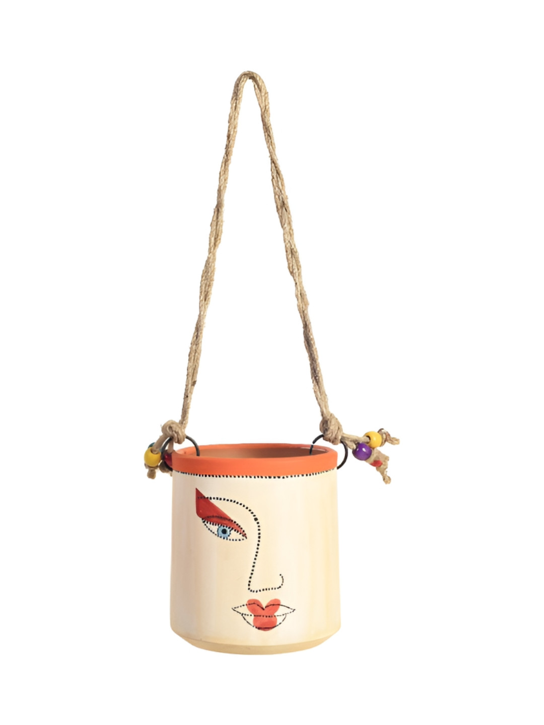 AAKRITI ART CREATIONS White & Red Artistic Face Ceramic Hanging Pot Planter With Rope