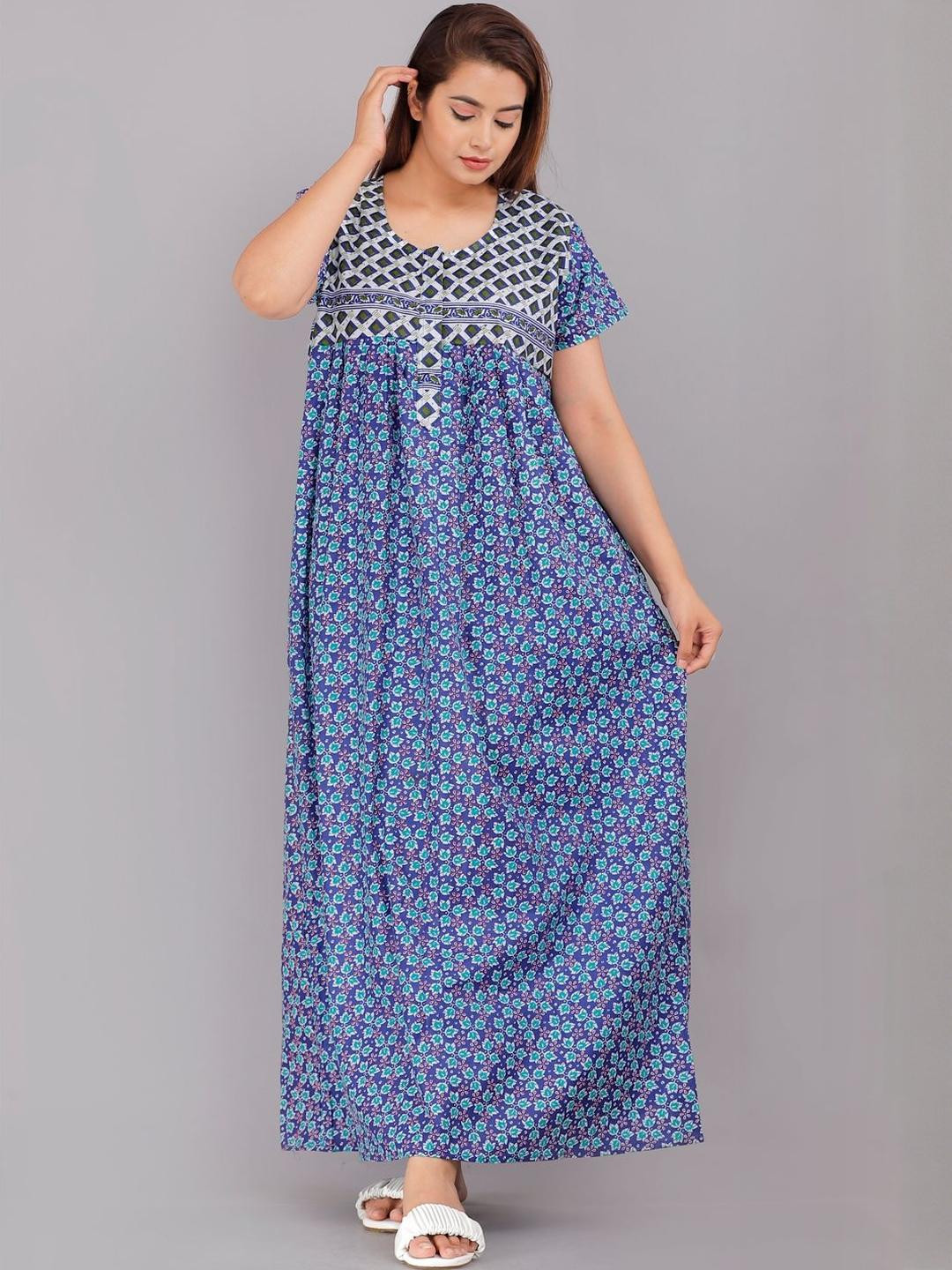 AAKARSHANA CREATION Blue Pure Cotton Maxi Checked Nightdress