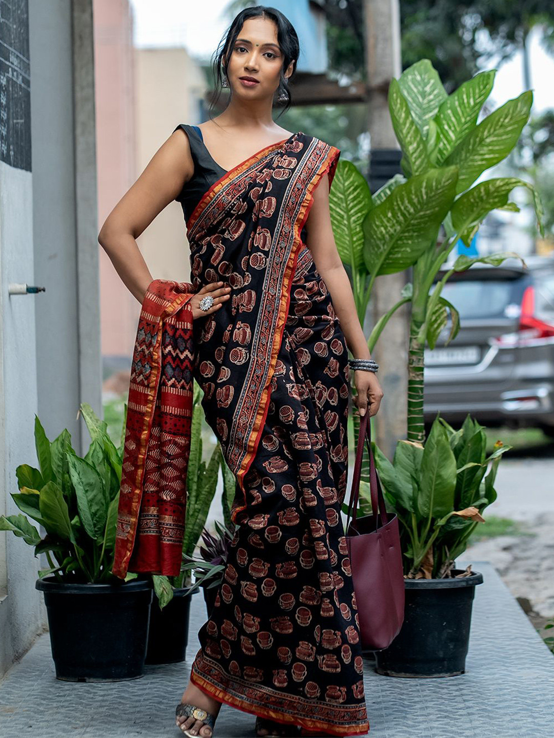 Ushvii Ajrak Block Silk Cotton Chanderi Saree