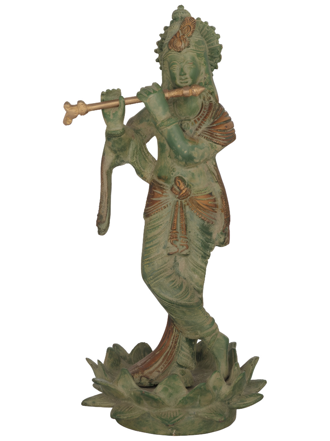 Exotic India Green & Gold-Toned Brass Krishna Religious Idol Showpiece