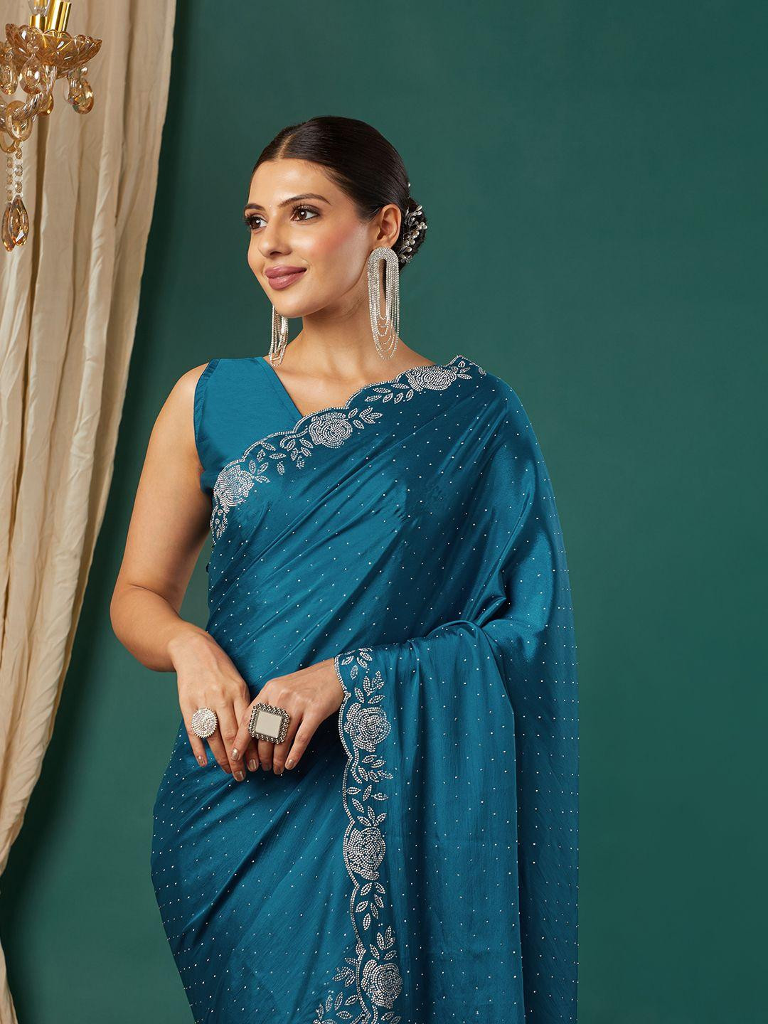 KALINI Turquoise Blue Satin Embellished Sarees