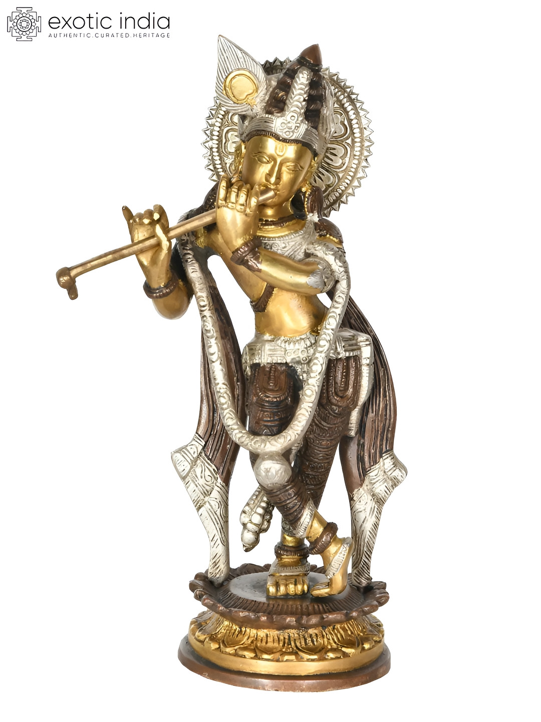Exotic India Brown & Gold-Toned Brass Krishna Religious Idol Showpiece
