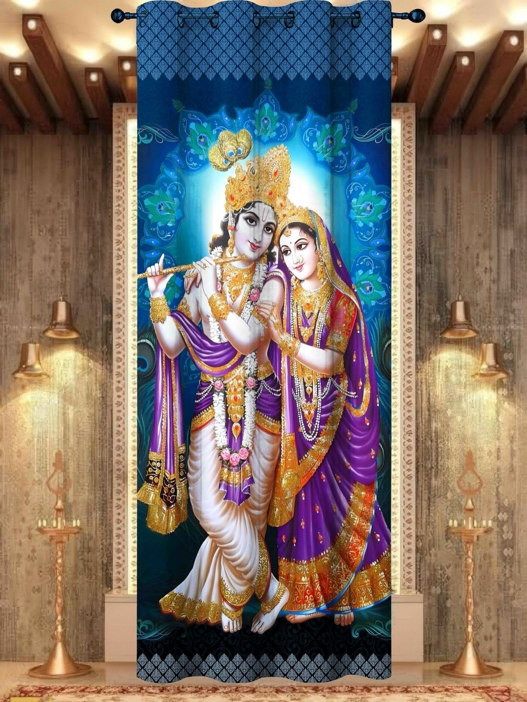 Aura Blue & Purple Ethnic Motifs Religious God Bhagwan Temple Printed Door Curtain
