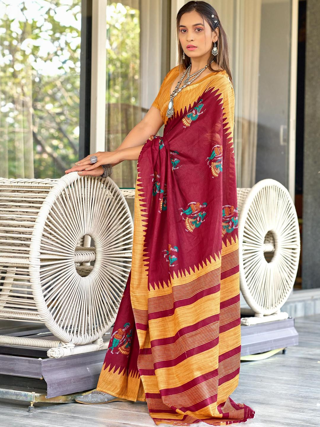 KALINI Red Cotton Blend Printed Sarees