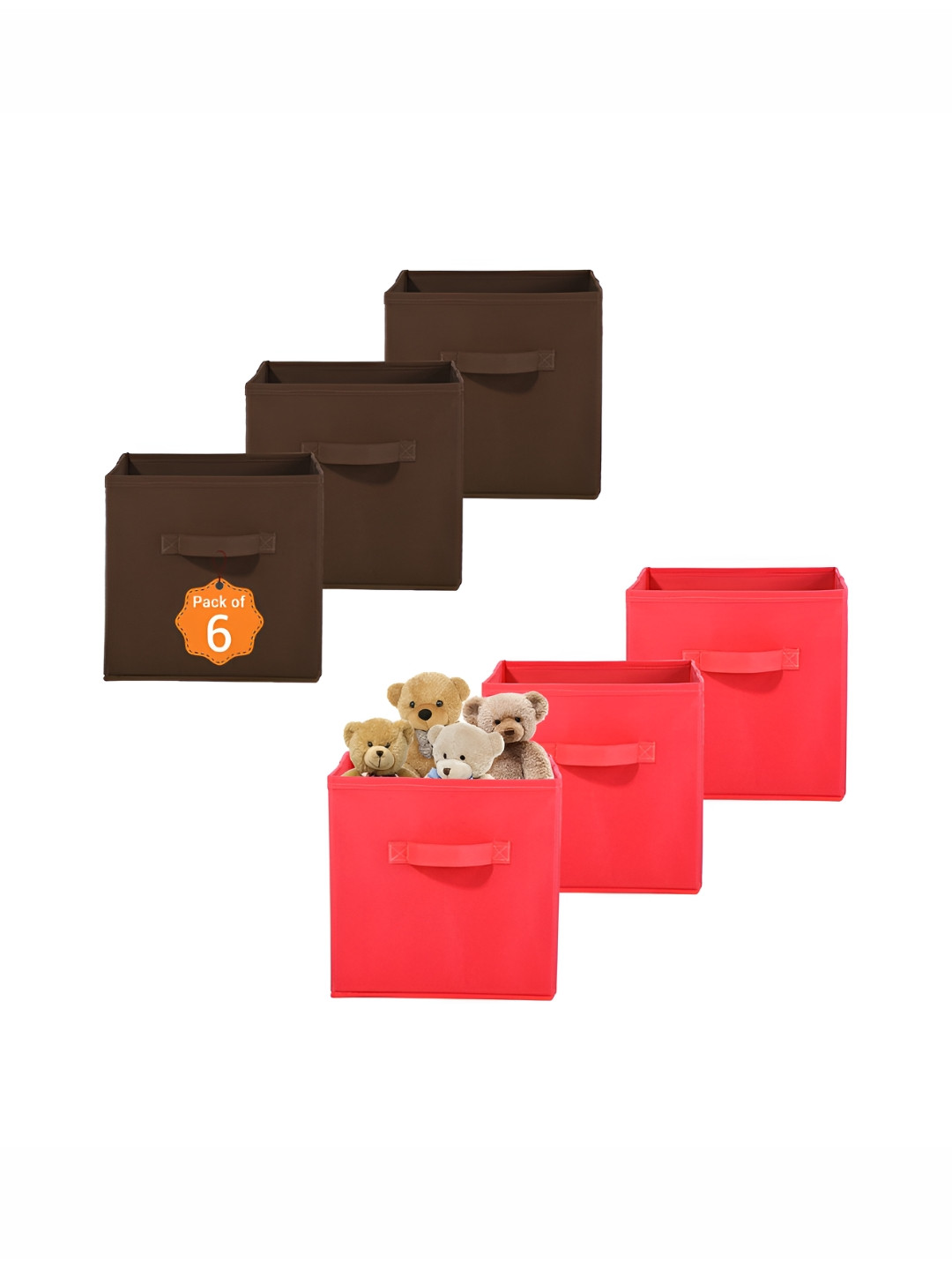 Aura 6 Pcs Red & Brown Non-Woven Folding Wardrobe Cloth Organiser Storage Toy Box
