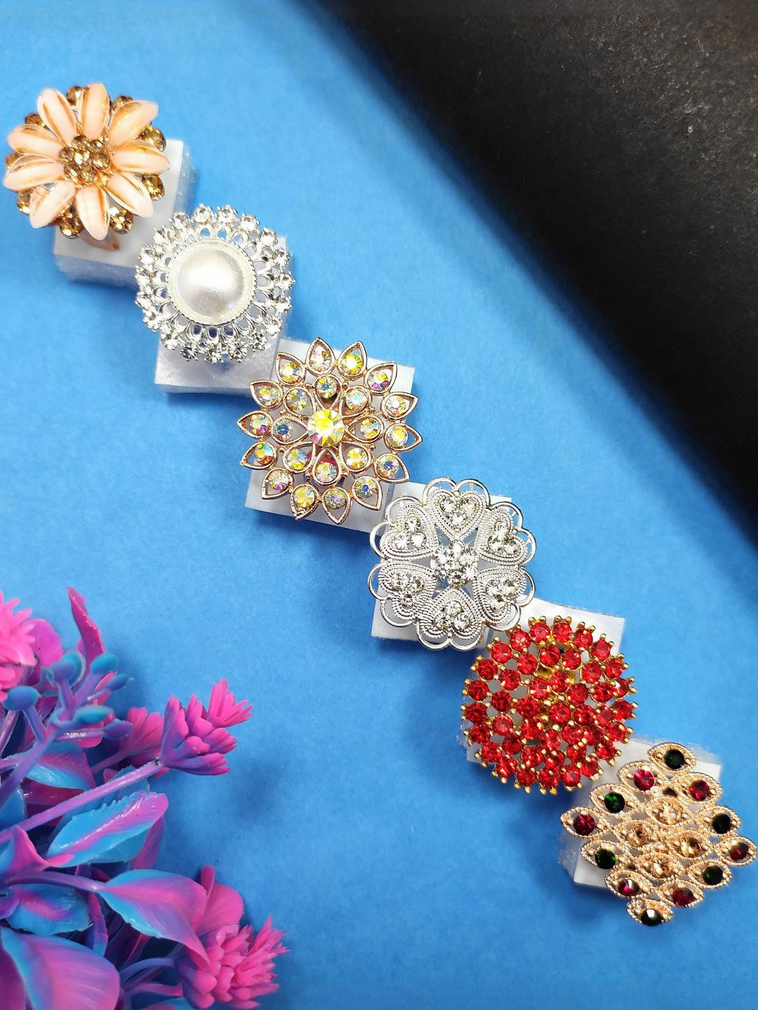 DIVYANSHI COLLECTION Pack Of 6 Ameriacan Diamond Gold Silver Plated Brass Ring Set