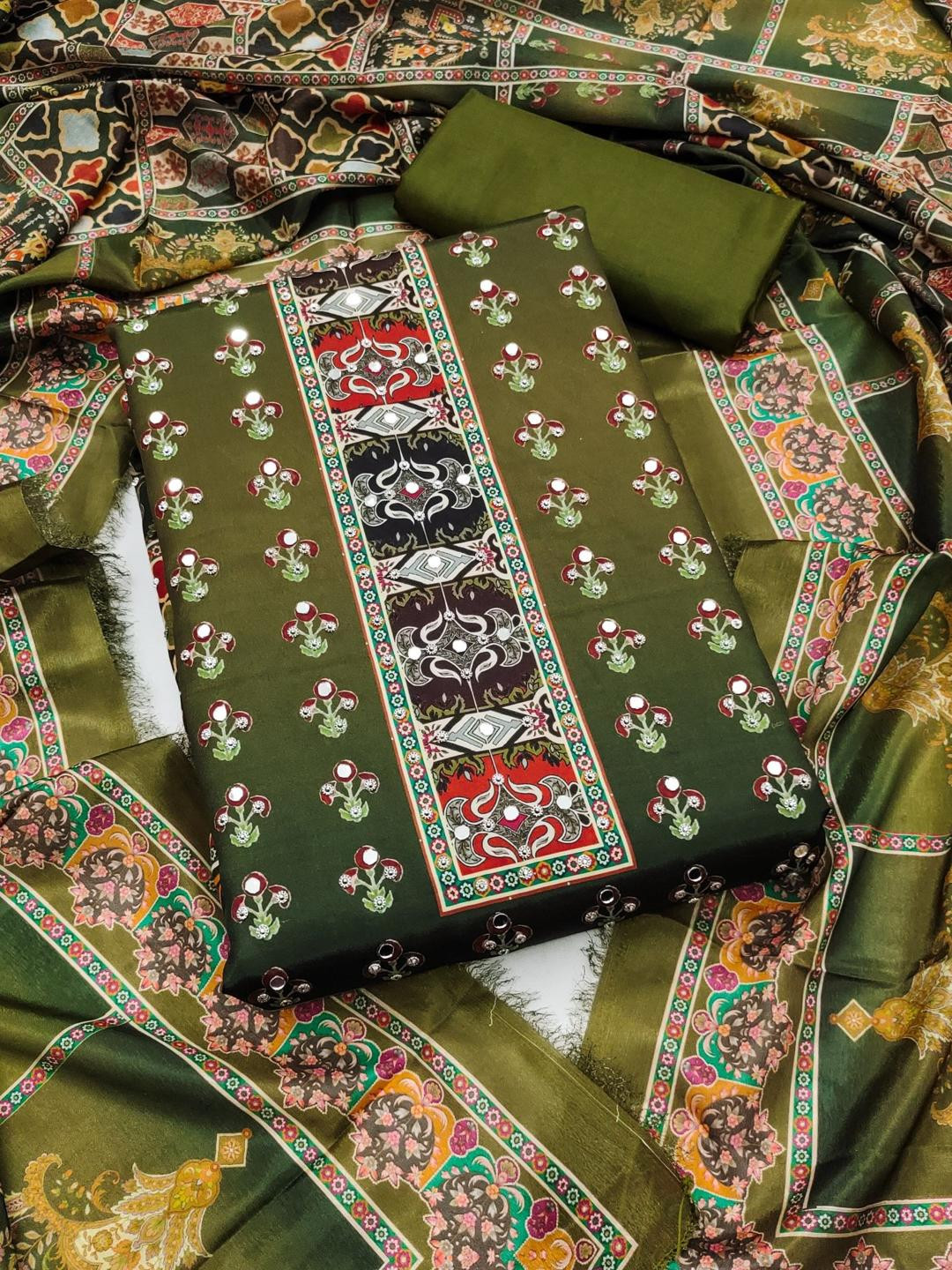 KALINI Green France Silk Digital Print Mirror & Diamond Work Unstitched Dress Material