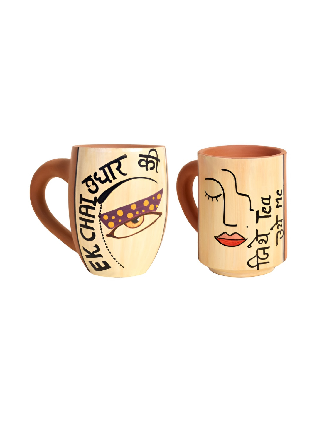 AAKRITI ART CREATIONS Beige Set Of 2 Printed Chaddi  Buddi Tea Cups Terracotta Cups Set