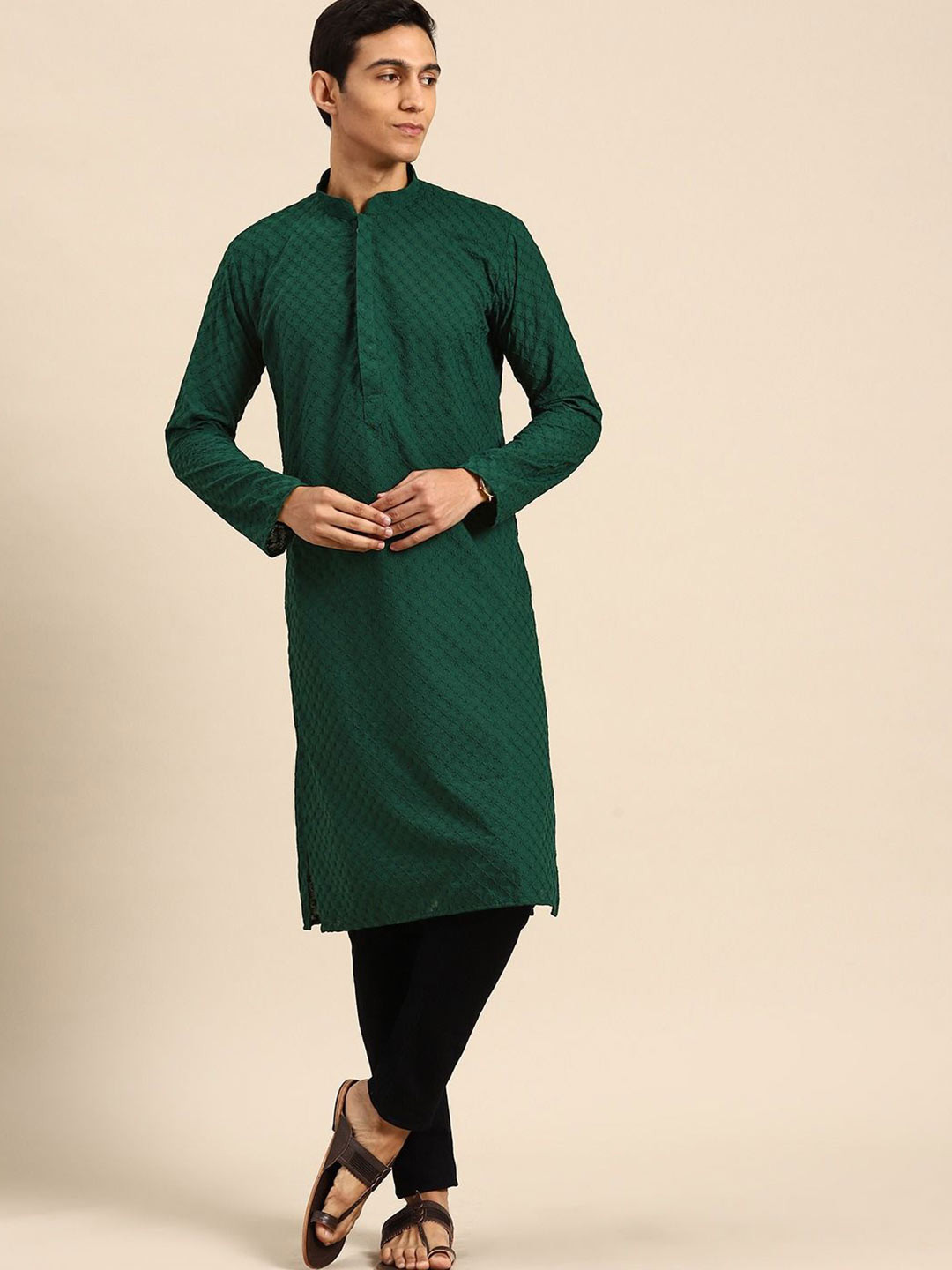 RAJUBHAI HARGOVINDAS Ethnic Motifs Embroidered Chikankari Cotton Straight Kurta