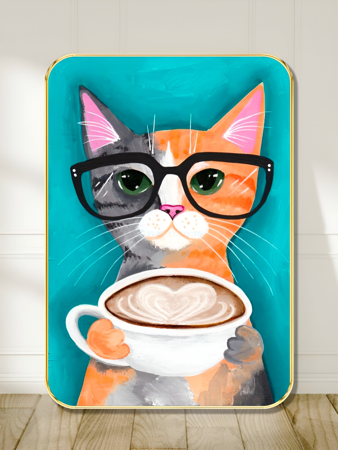 SAF Blue & Grey Cat With Coffee Printed Wall Art