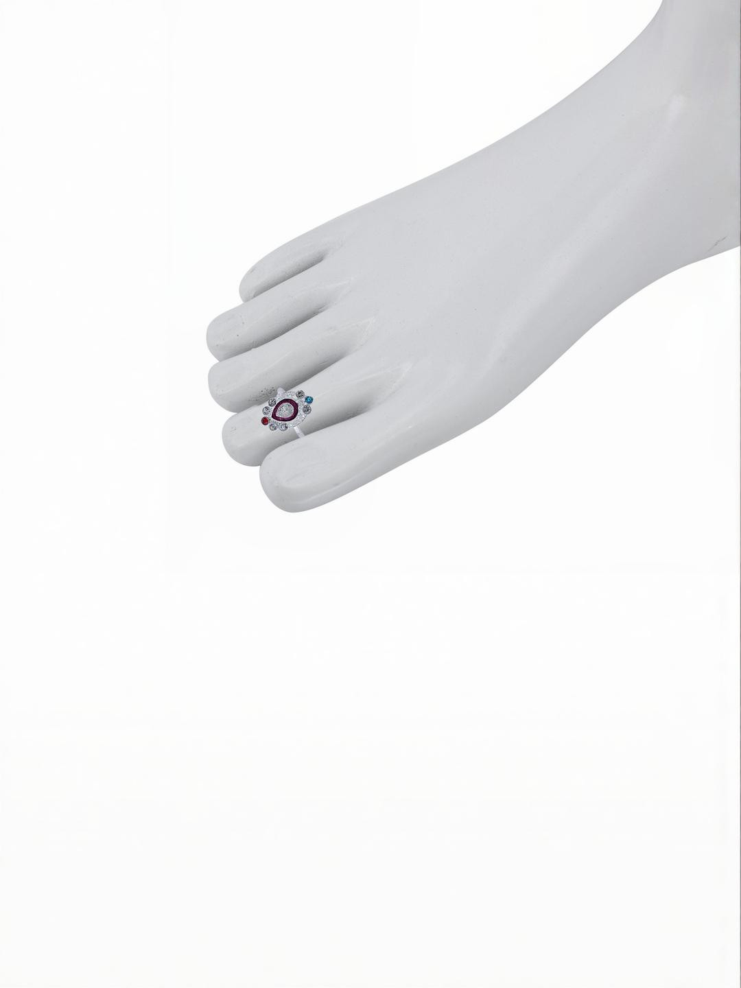 MEMOIR Silver plated, Red Meenakari CZ, Pear shaped, Adjustable bichiya toe ring Women