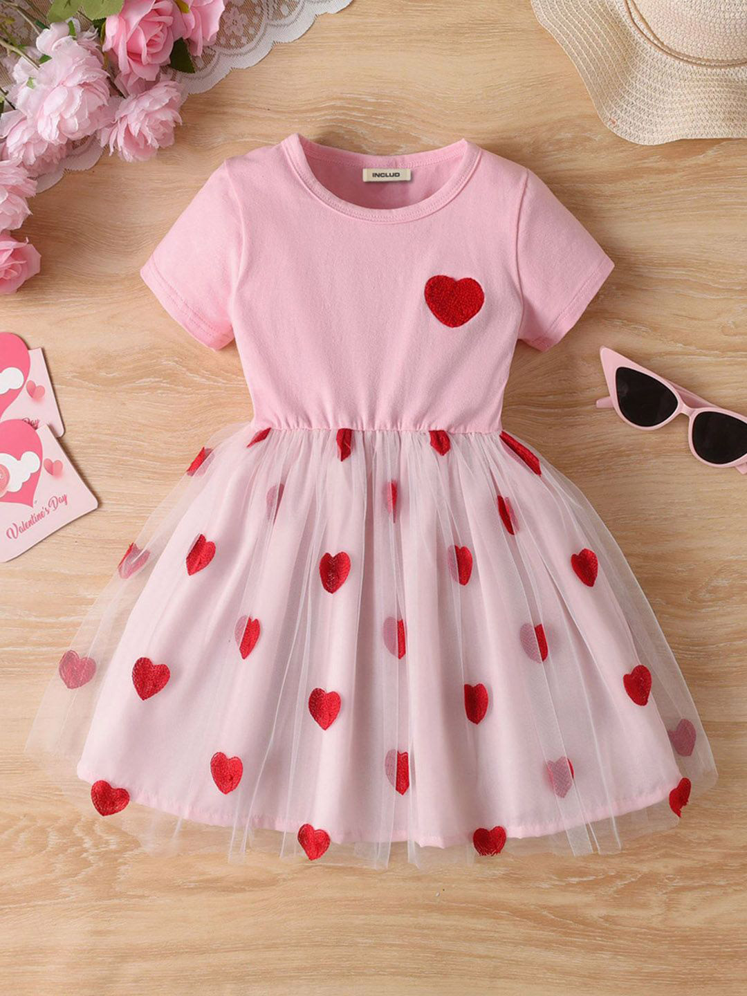 INCLUD Girl's Conversational Embroidered Round Neck Fit & Flare Above Knee Dress