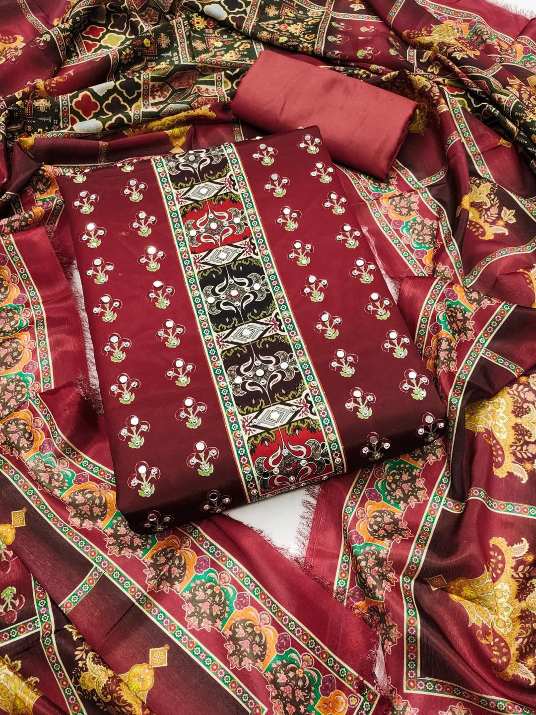 KALINI Maroon France Silk Digital Print Mirror & Diamond Work Unstitched Dress Material