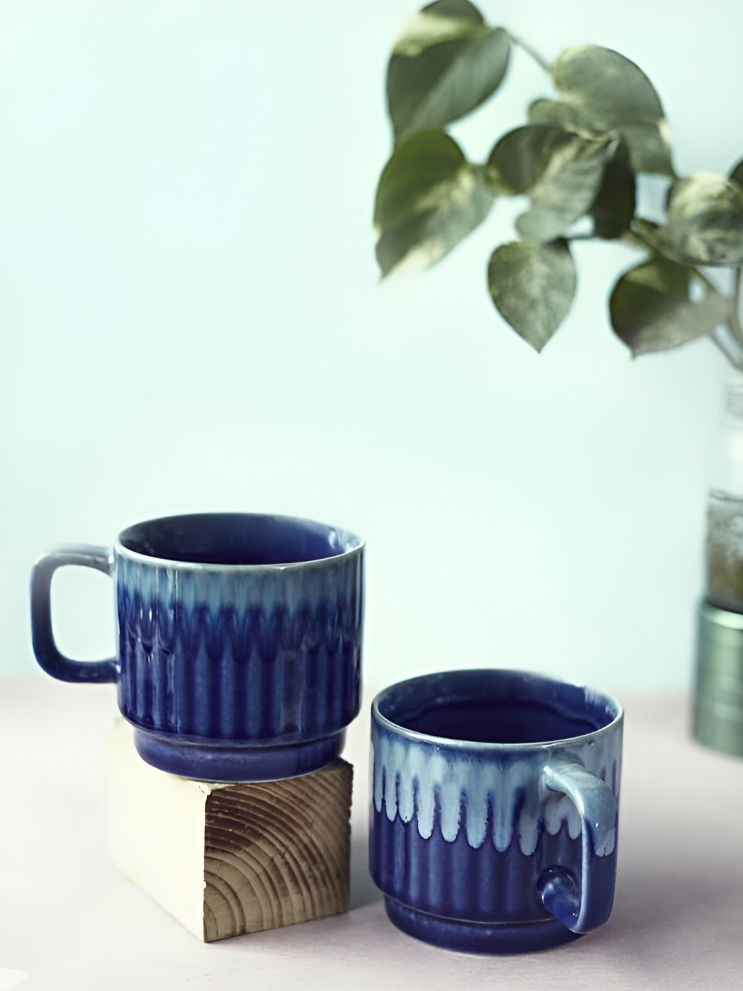 Rare Planet Blue & Turquoise Blue 2 Pieces Textured Ceramic Glossy Mug