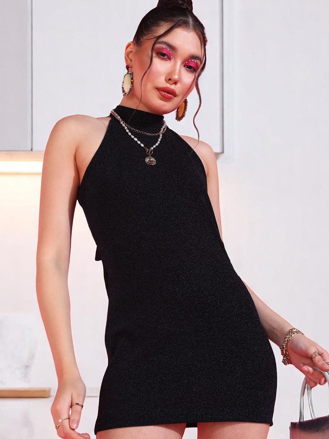 OOMPH! FACTOR Women Backless Sparkly Bodycon Mini Dress