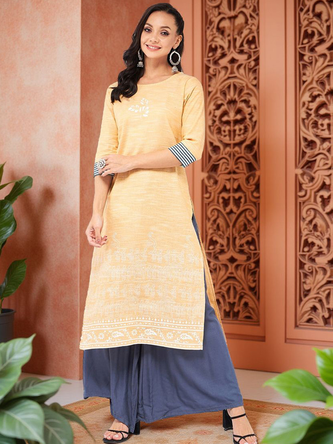 Pannkh Madhubani Floral Block Printed Round Neck Cotton Straight Kurta