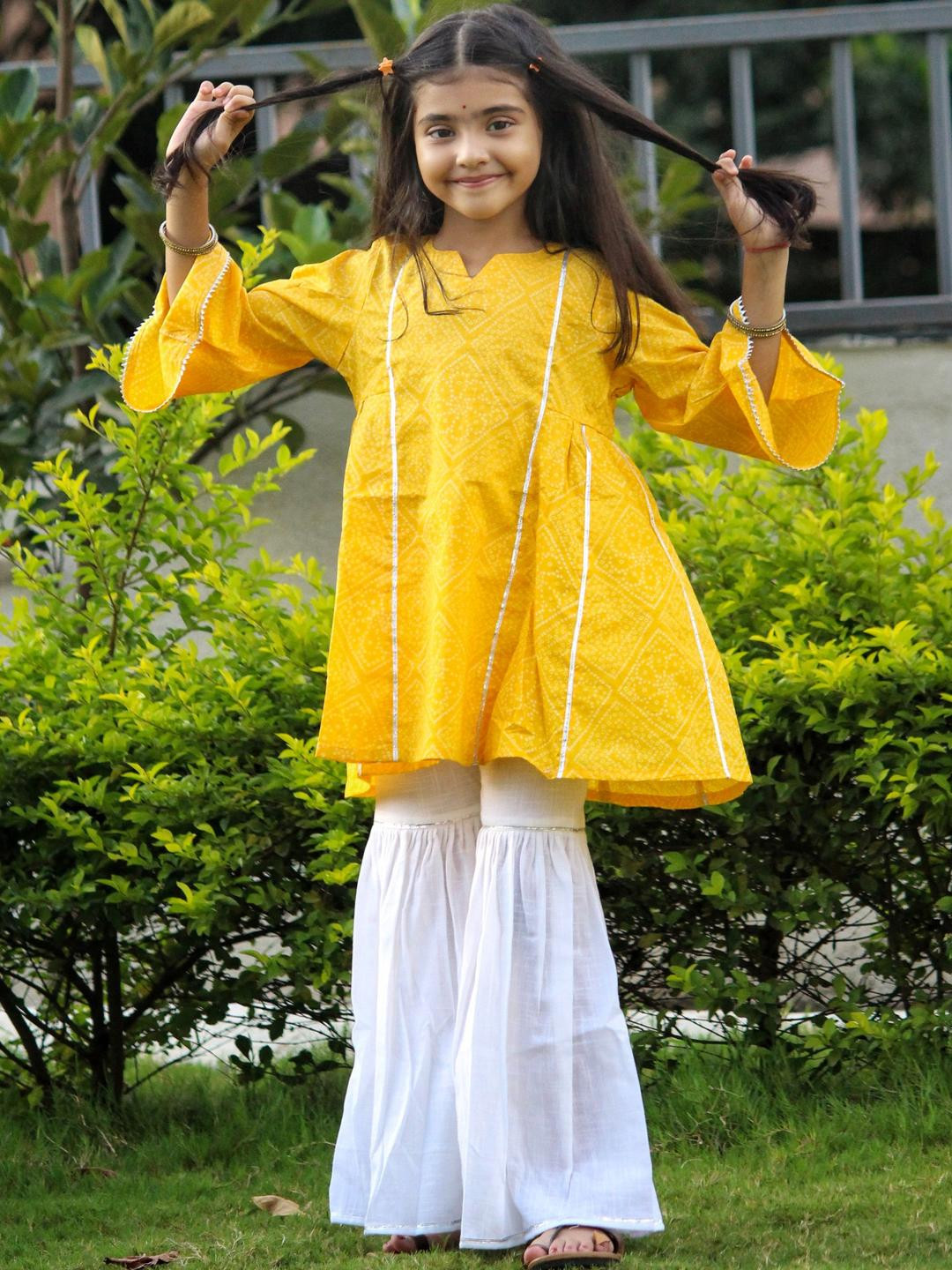 Mamma's Bear Girls Bandhani Printed Gotta Patti Pure Cotton Kurti with Sharara