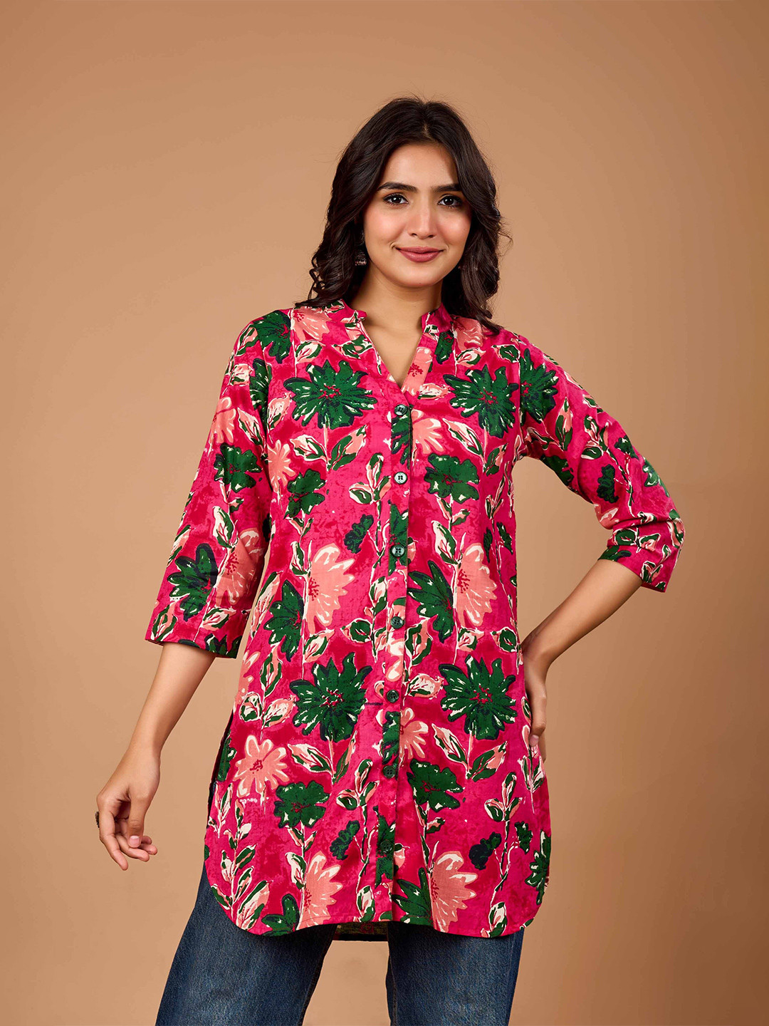 NAMA'S Floral Printed Mandarin Collar Straight Short Kurta
