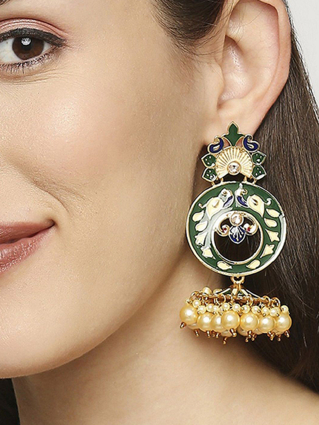 Anouk Gold-Plated Artificial Stones Studded and Beadeed Meenakari Floral Shaped Jhumkas