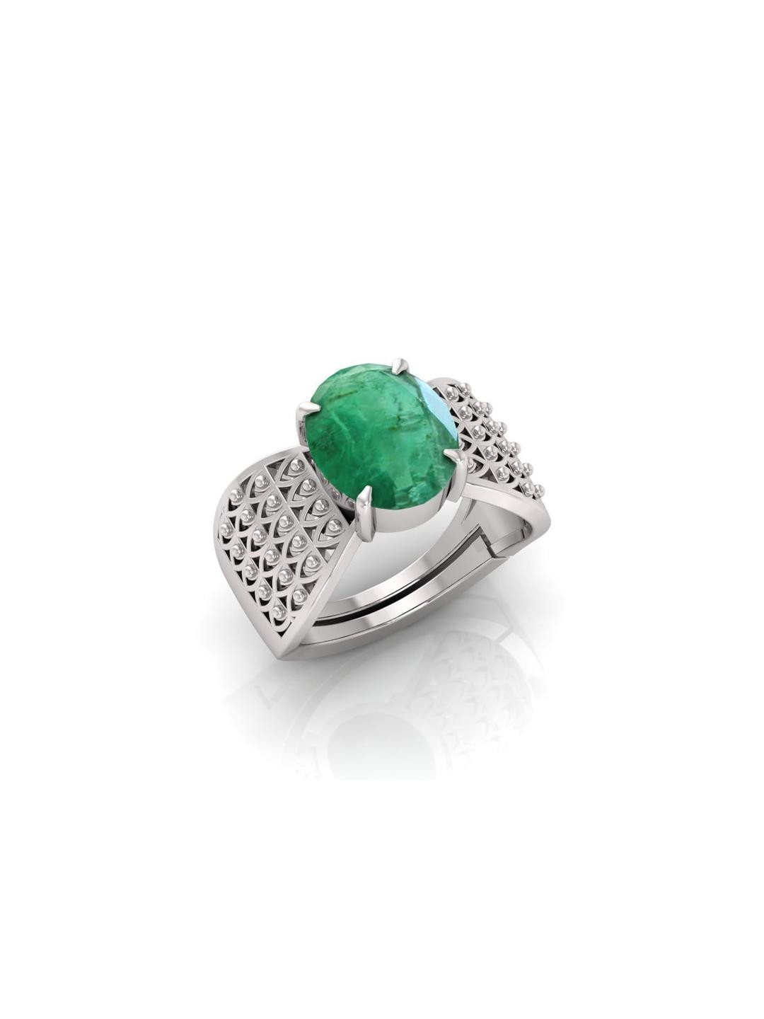 Pranjal Gems Unisex Sterling Silver 9.25 Ratti Emerald Gemstone Studded Finger Ring