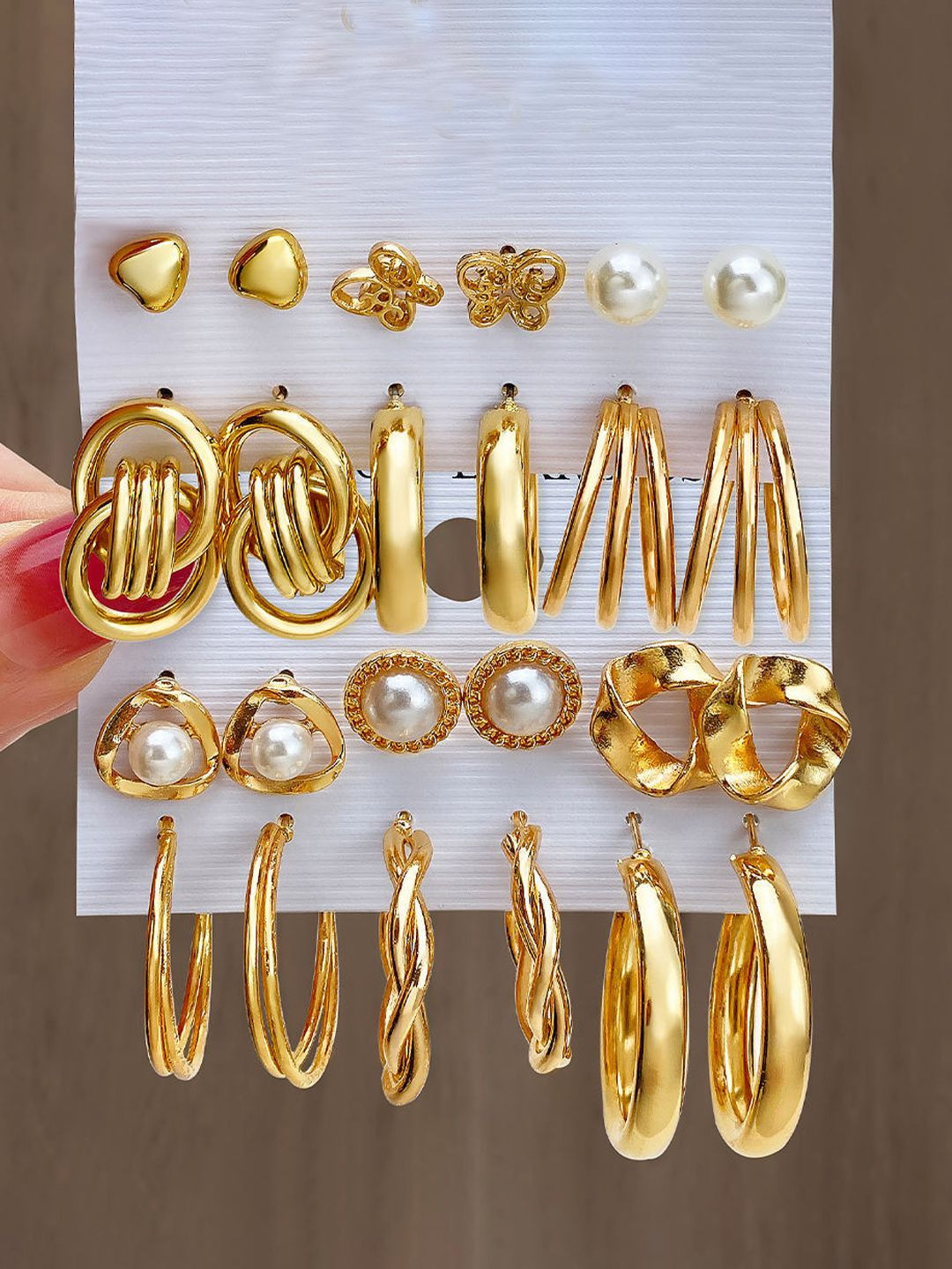 GOLDIWALA Set Of 6 Gold-Plated Pearls Beaded Heart Shape Studs
