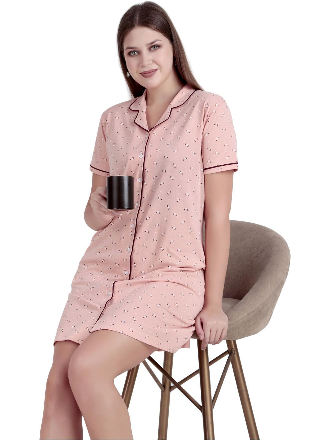 WOEMUR Peach Pure Cotton Maxi Printed Nightdress