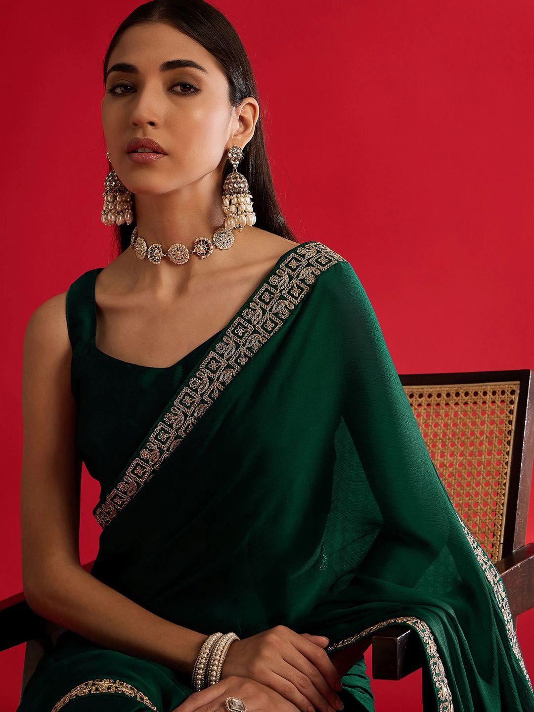 KALINI Green Poly Crepe Embellished Sarees