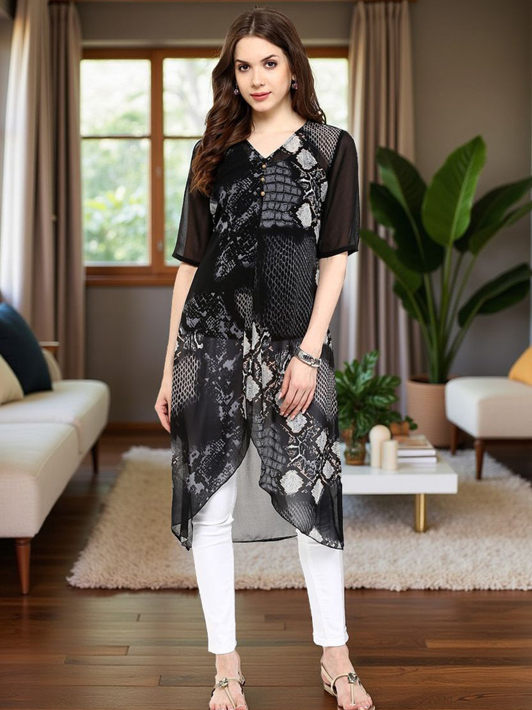 Pannkh Snake Printed V-Neck Georgette A-Line Kurta