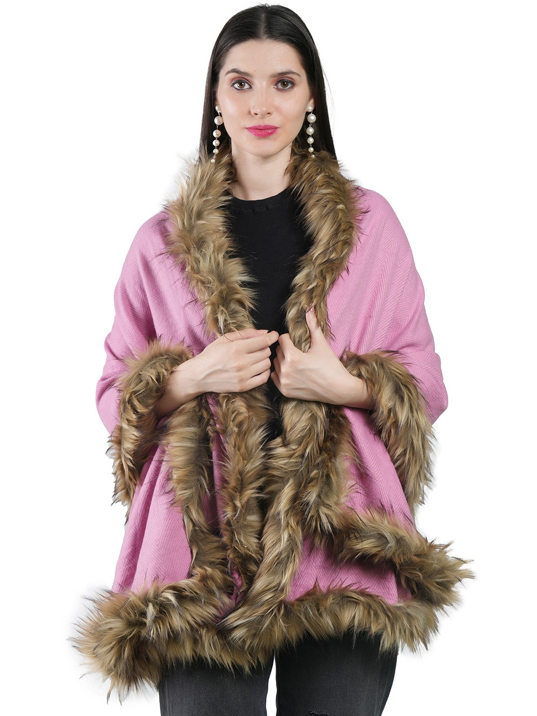 Manra 4 Side Fur Tasselled Woolen Winter Shrug Shawl