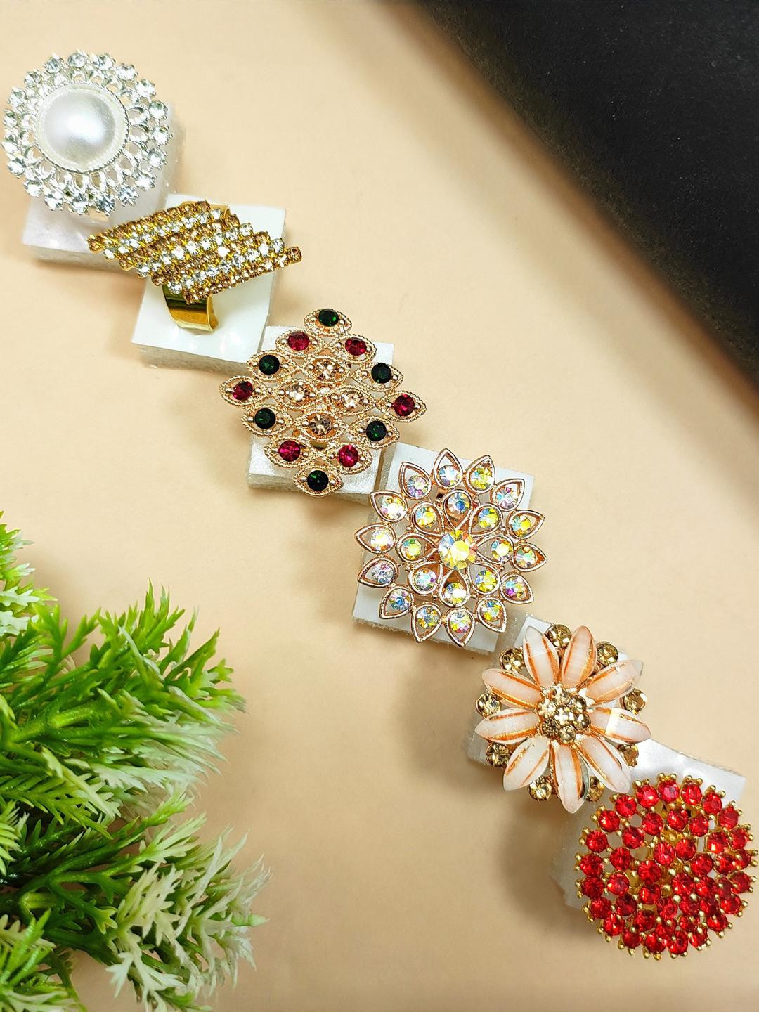 DIVYANSHI COLLECTION Pack Of 6 Silver Plated Multicolour AD Rings