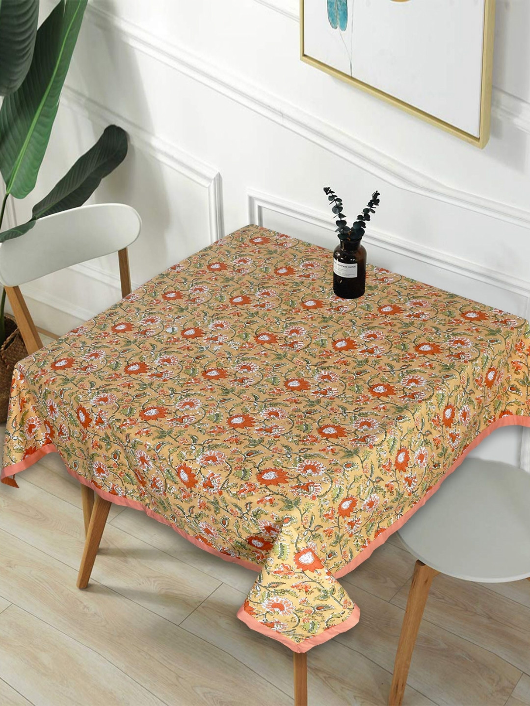 Texstylers Orange Floral Anti-Slip Cotton 2-Seater Table Cover