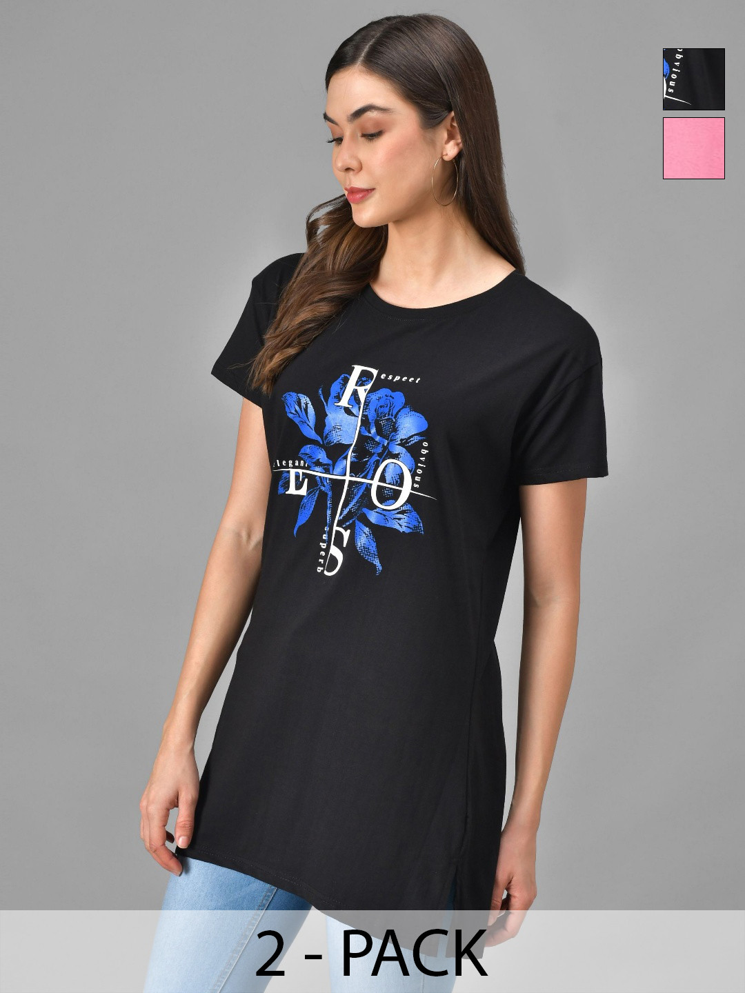 Christy World Women Pack of 2 Graphic Printed Applique Regular Fit T-shirt