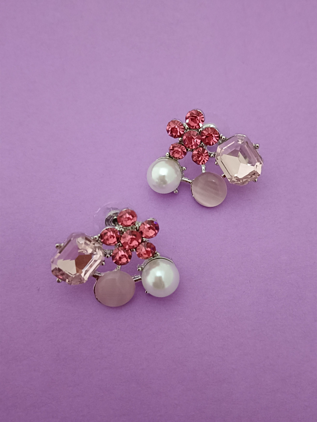 EVY RPRUBYCZ Silver Plated Cubic Zirconia Studded Contemporary Drop Earrings