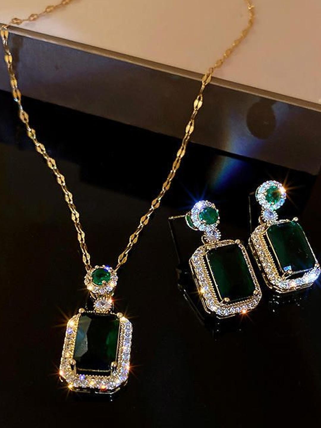 CARIA Anti Tarnish Green Emerald Gold Plated Necklace & Earrings Jewellery Set