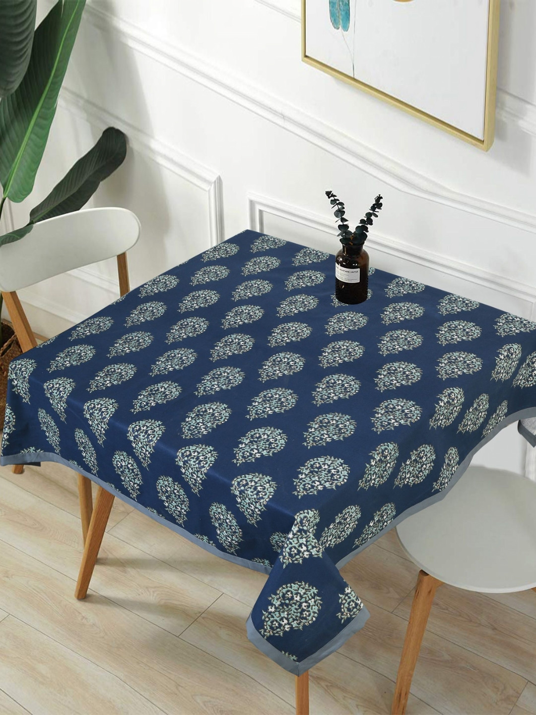 Texstylers Navy Blue Floral Anti-Slip Cotton 2-Seater Table Cover