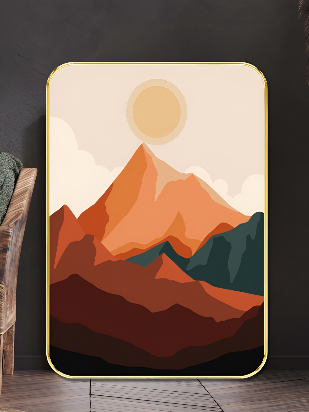 SAF Beige & Brown Mountain Peak Printed Wall Art