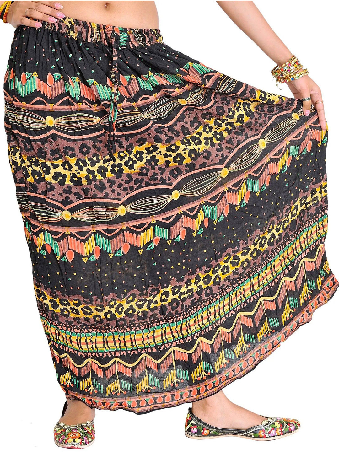Exotic India Leopard-Spots Printed A-Line Maxi Skirt