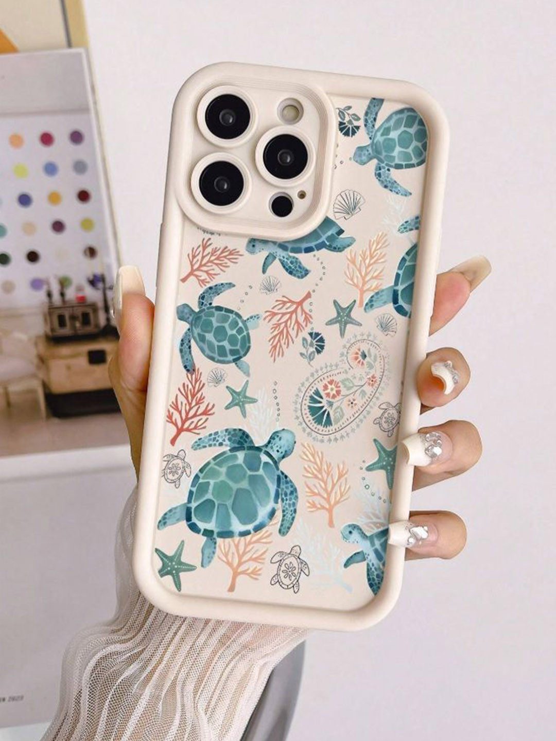 CASE CREATION Women 3D Turtle Painting Concave Seaweed Beach iPhone 13 Mini Back Case