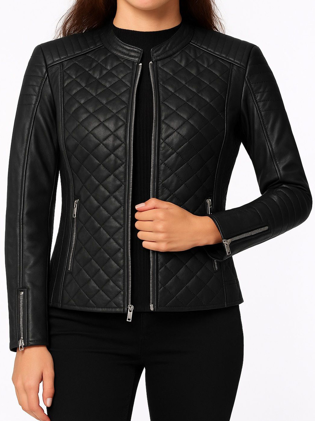 NOORA Women Solid Long Sleeves Zip Leather  Jacket