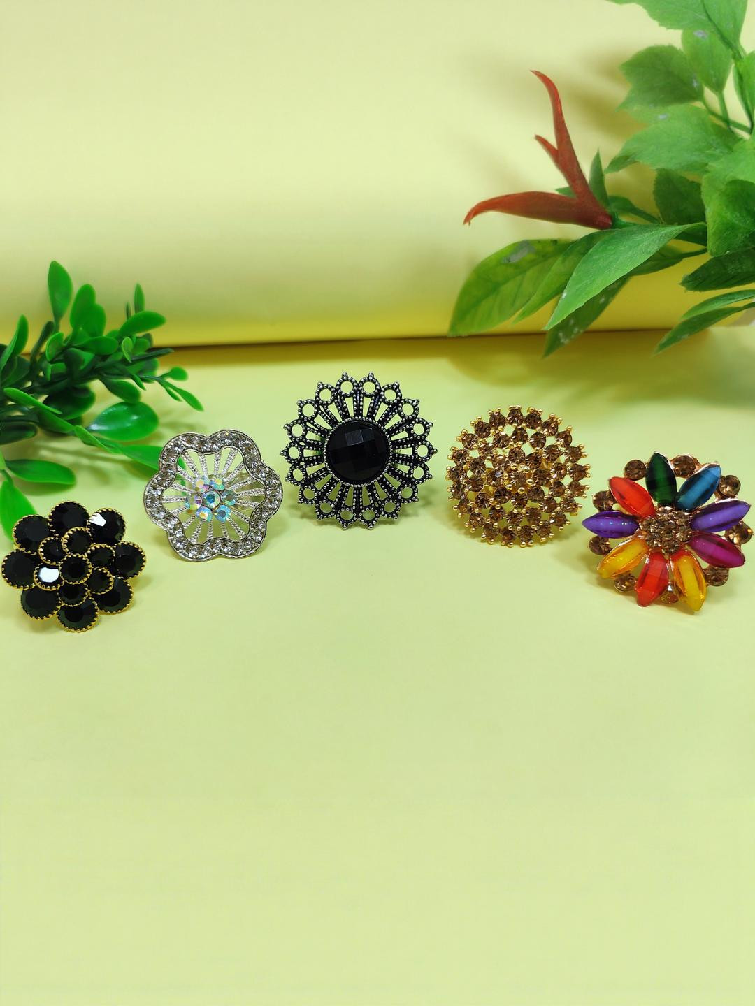 DIVYANSHI COLLECTION Set Of 5 Multicolour American Diamond Brass Ring Set