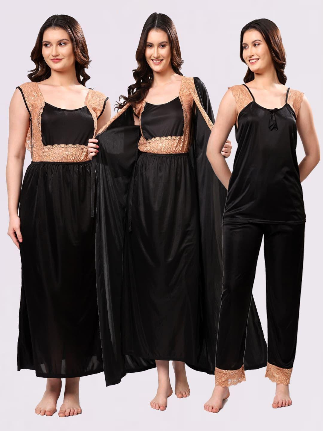 NIGHT KEYS Black Satin Maxi Solid Nightdress