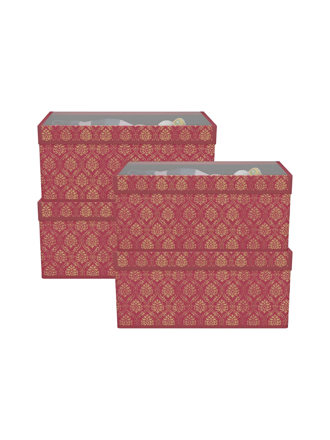 Aura Maroon 4 Pieces Printed Wardrobe Organiser with Transparent Lid