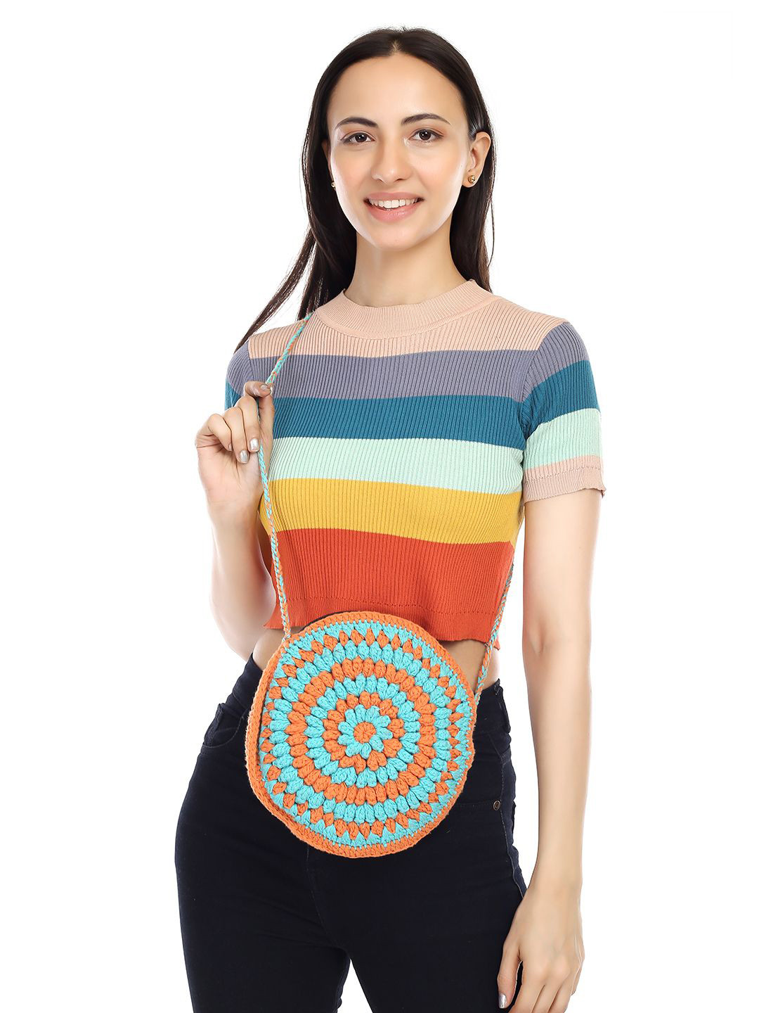 ITIHASIKALA Women Cotton Striped Structured OB Crochet Sling Bag